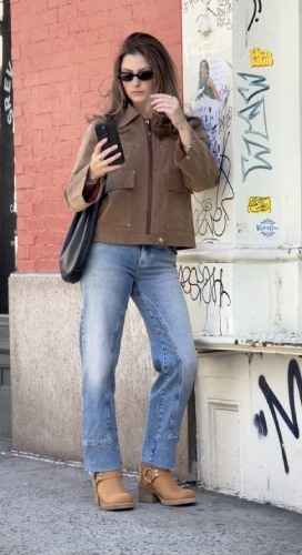tan pocket-detail jacket and matching tan buckle boots