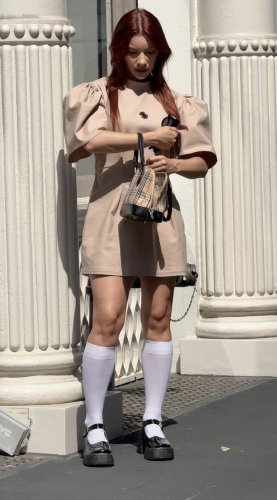 tan puffed sleeve dress